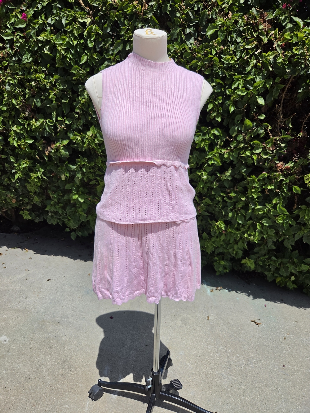 Pink Pointelle Knit Skirt Set Women's Small Y2K Ribbed Mock Neck Ruffle Co Ord